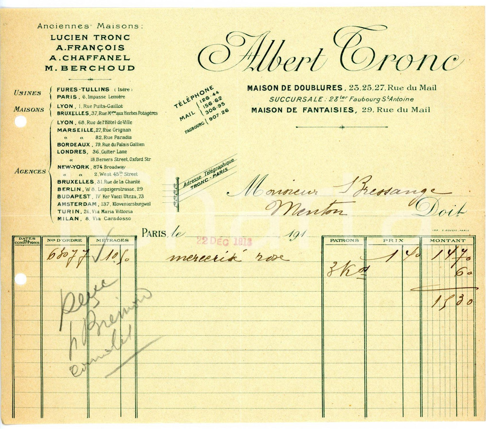 Documento originale, autentico 1913 PARIS Rue du Mail  Albert TRONC Maison de doublures et fantaisies 5 1