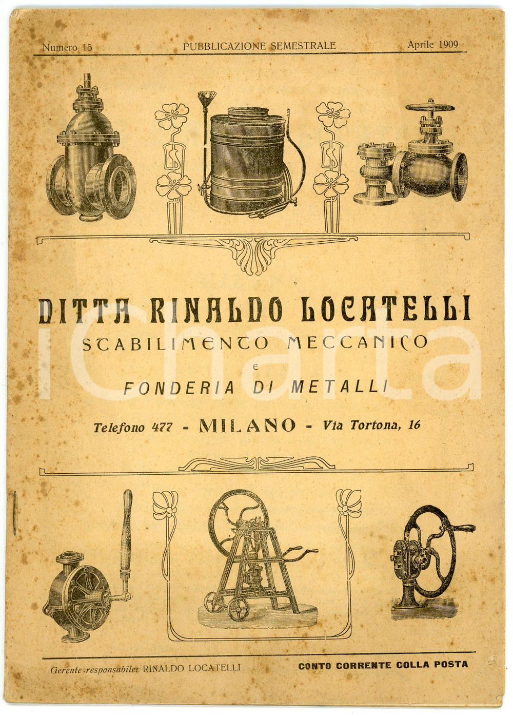 Materiale pubblicitario d’epoca 1909 MILANO Ditta Rinaldo LOCATELLI Fonderia e stabilimento meccanico  Catalogo 1