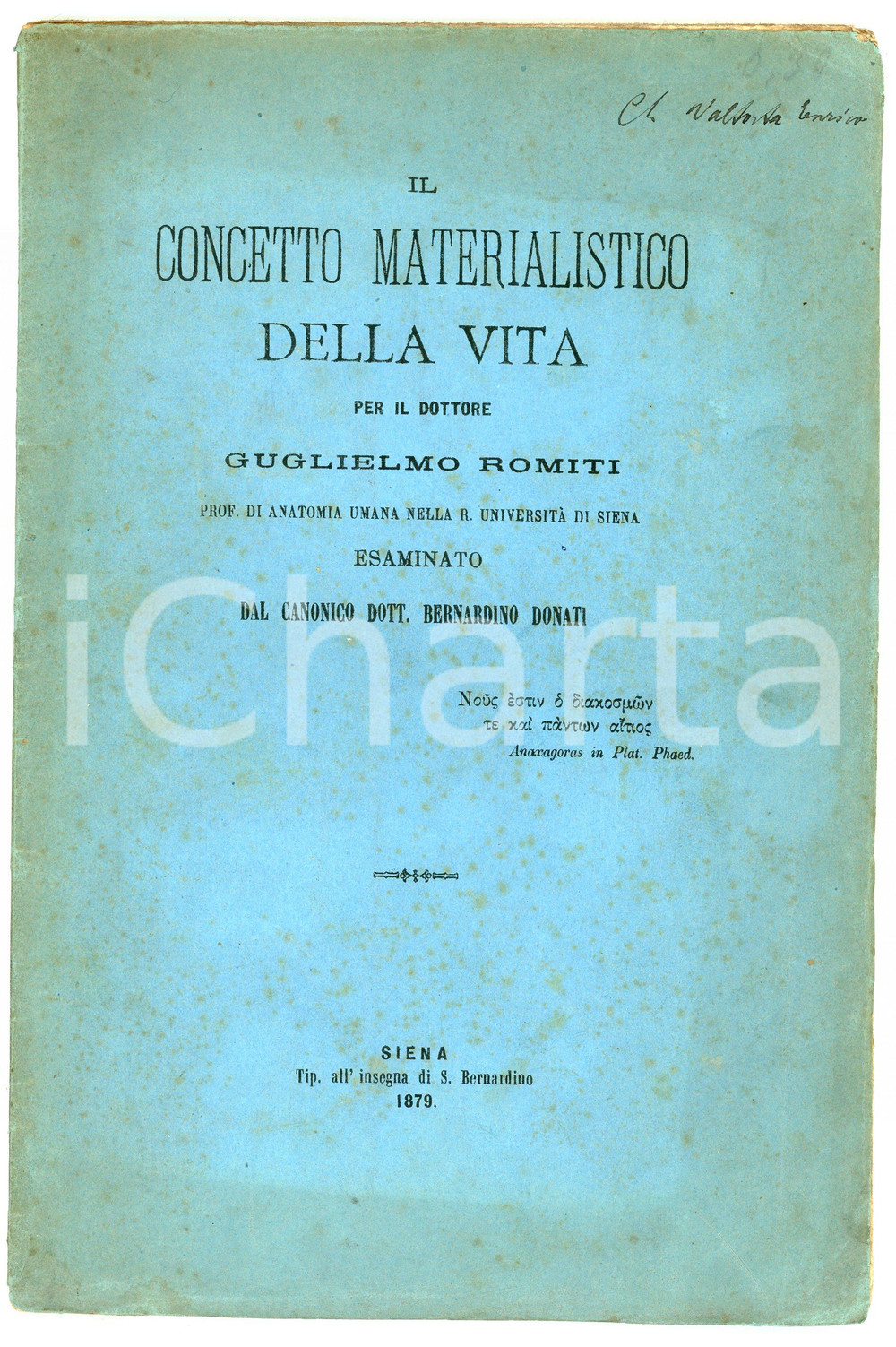 Libro, pubblicazione d epoca 1879 Bernardino DONATI Concetto materialistico della vita per Guglielmo ROMITI 1