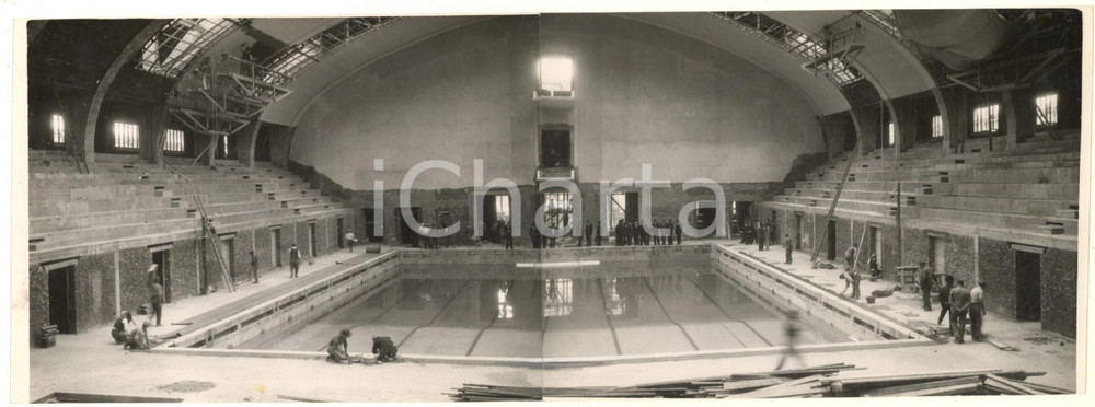 Fotografia d epoca originale 1934 ARCHITETTURA MILANO Cantiere piscina COZZI  Foto doppia 33x12 cm 1