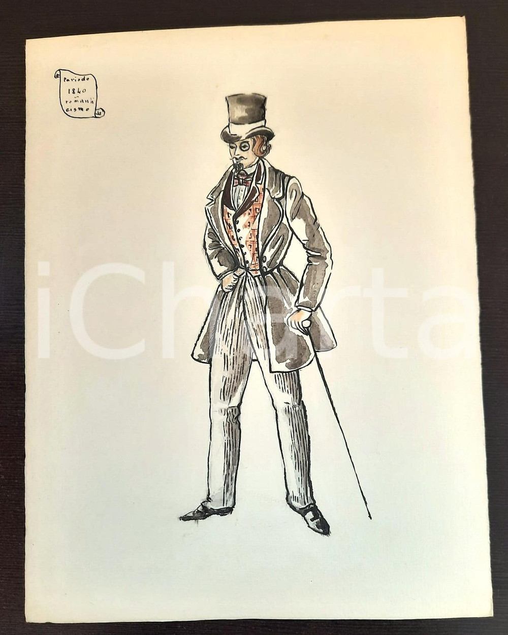 Stampa, bozzetto originale 1970 ca STORIA DELLA MODA Augusta FOI Bozzetto ROMANTICISMO uomo 1840 AUTOGRAFO 1