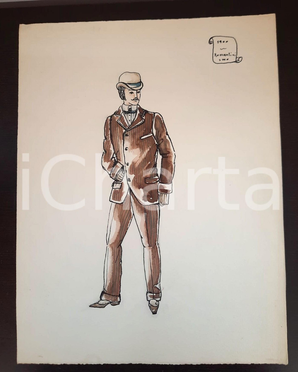 Stampa, bozzetto originale 1970 ca STORIA DELLA MODA Augusta FOI Bozzetto ROMANTICISMO uomo 1900 AUTOGRAFO 1