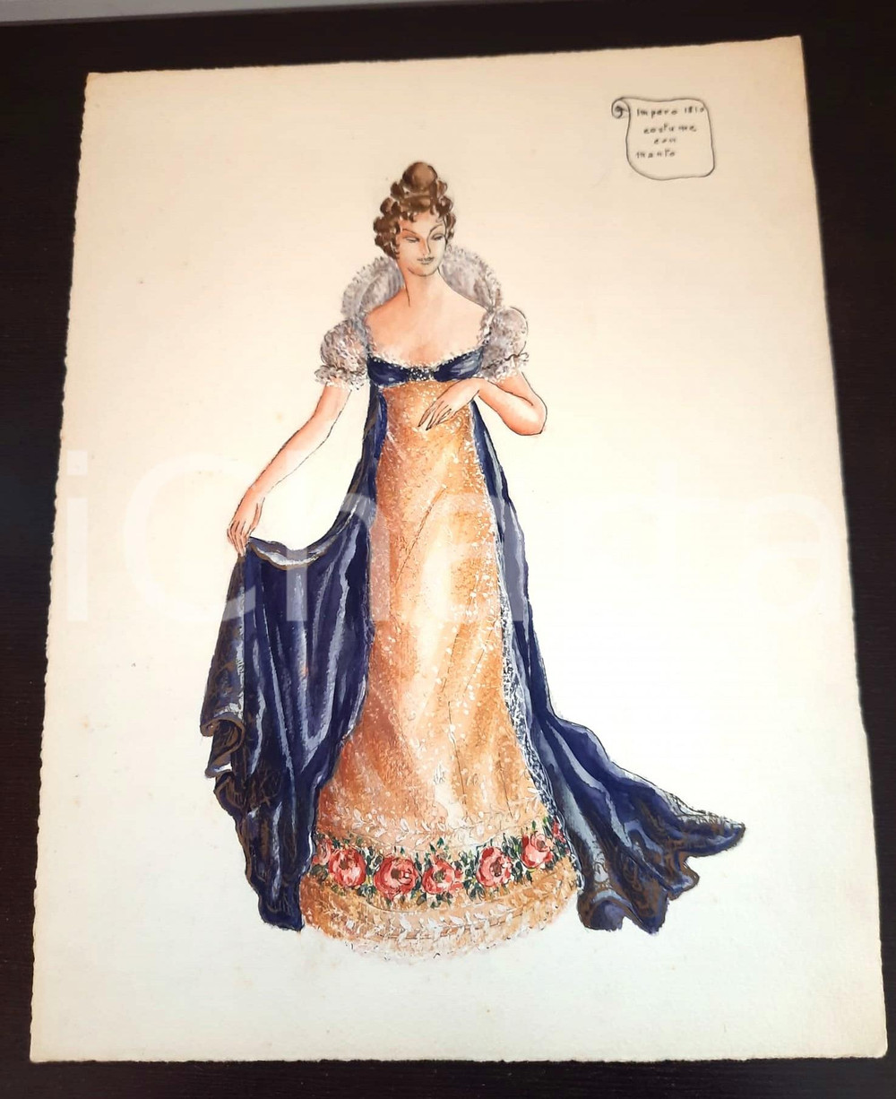 Stampa, bozzetto originale 1970 ca STORIA DELLA MODA Augusta FOI  Bozzetto IMPERO donna AUTOGRAFO 1