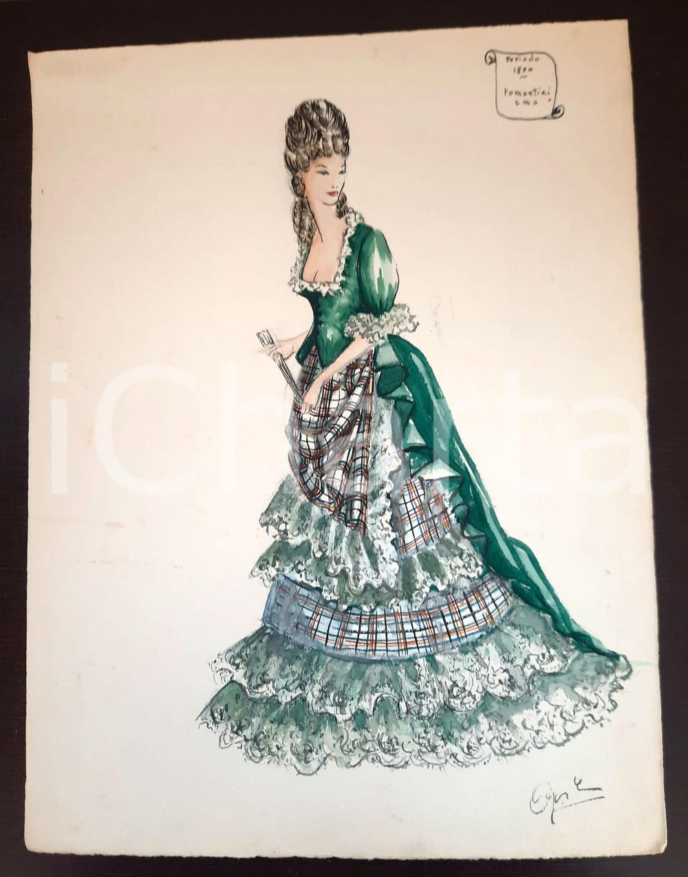 Stampa, bozzetto originale 1970 ca STORIA DELLA MODA Augusta FOI Bozzetto 1870 ROMANTICISMO donna FIRMATO 1