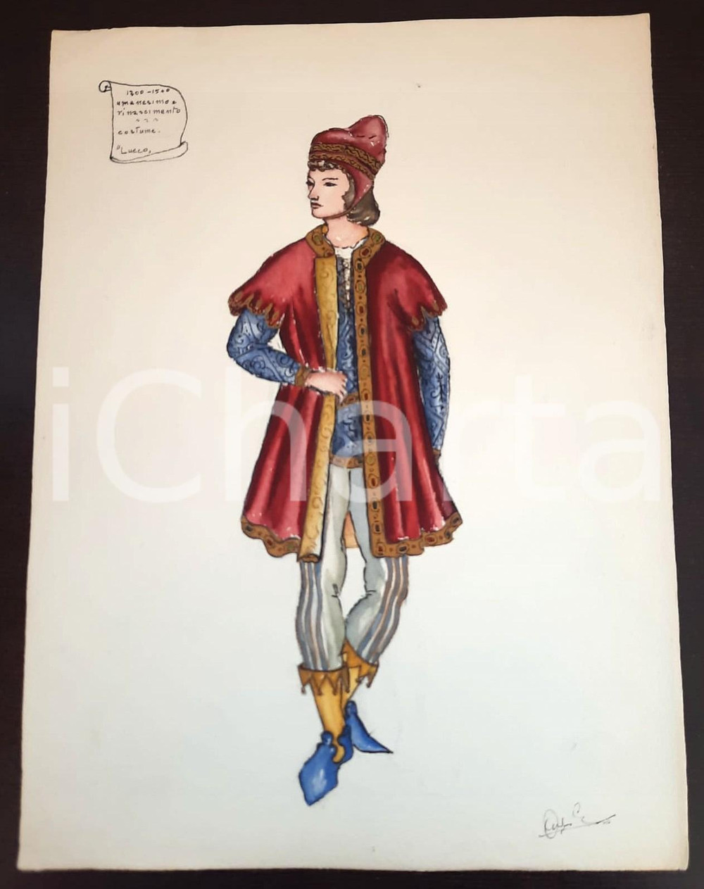 Stampa, bozzetto originale 1970 ca STORIA DELLA MODA Augusta FOI Bozzetto UMANESIMO uomo Lucco FIRMATO 1