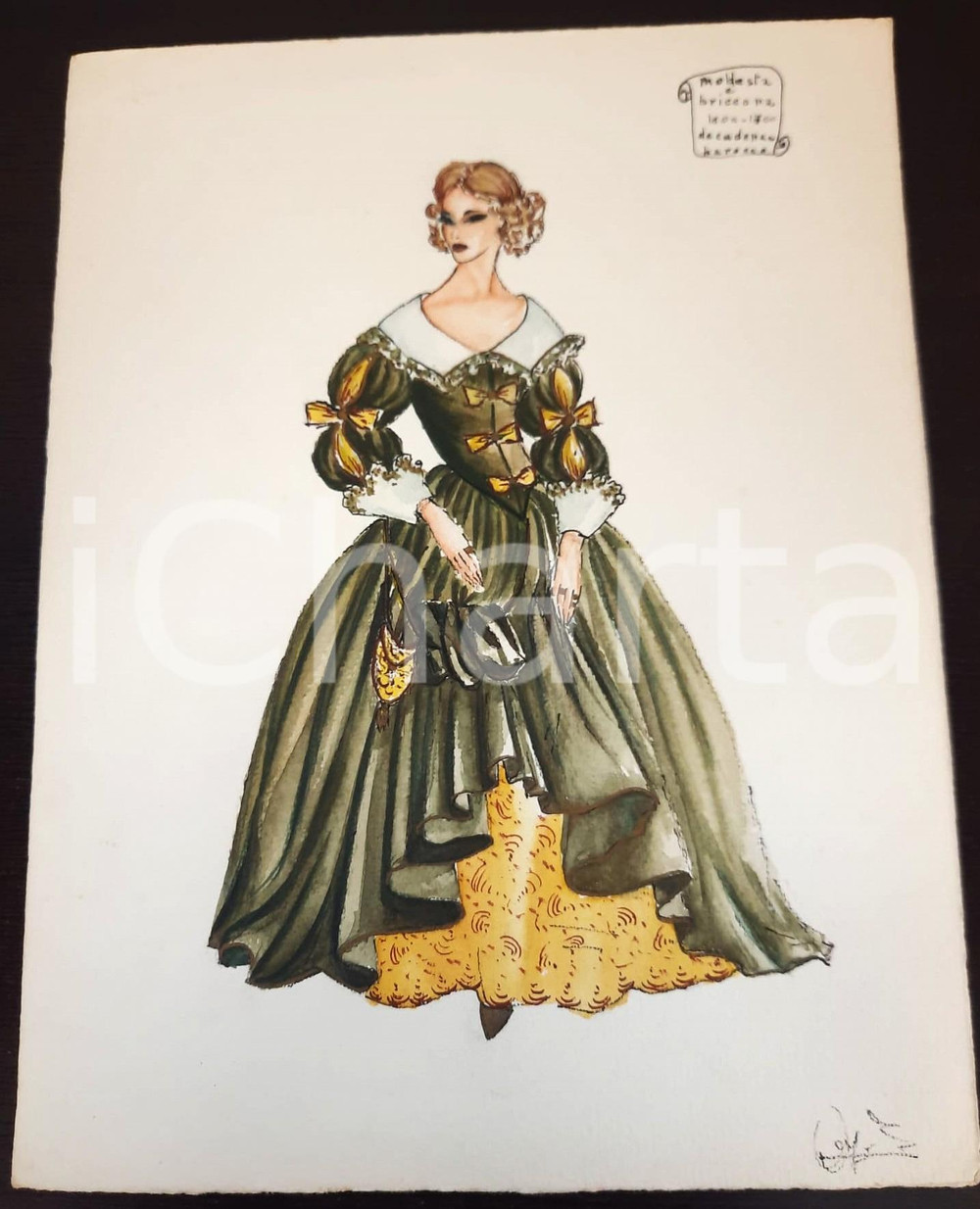 Stampa, bozzetto originale 1970 ca STORIA DELLA MODA Augusta FOI Bozzetto BAROCCO donna briccona FIRMATO 1