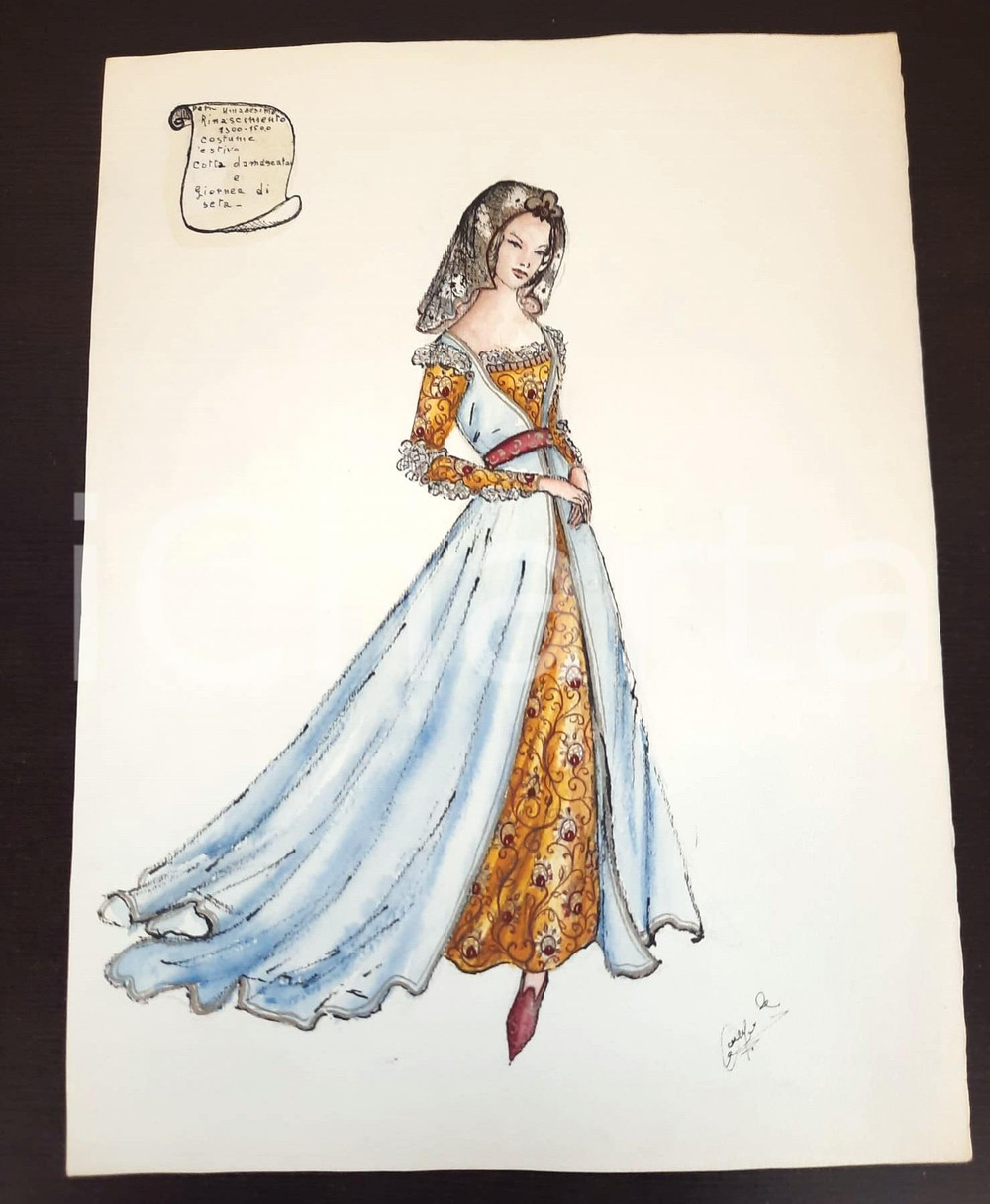 Stampa, bozzetto originale 1970 ca STORIA DELLA MODA Augusta FOI Bozzetto UMANESIMO donna estate FIRMATO 1