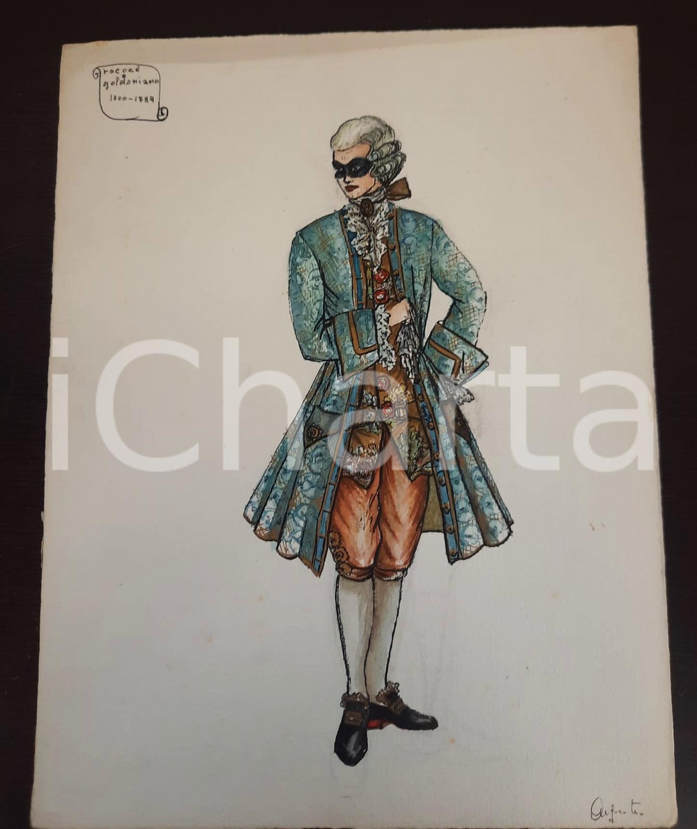 Stampa, bozzetto originale 1970 ca STORIA DELLA MODA Augusta FOI Bozzetto uomo goldoniano FIRMATO 1