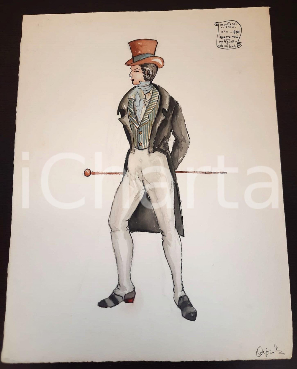 Stampa, bozzetto originale 1970 ca STORIA DELLA MODA Augusta FOI Bozzetto uomo NEOCLASSICISMO FIRMATO 1