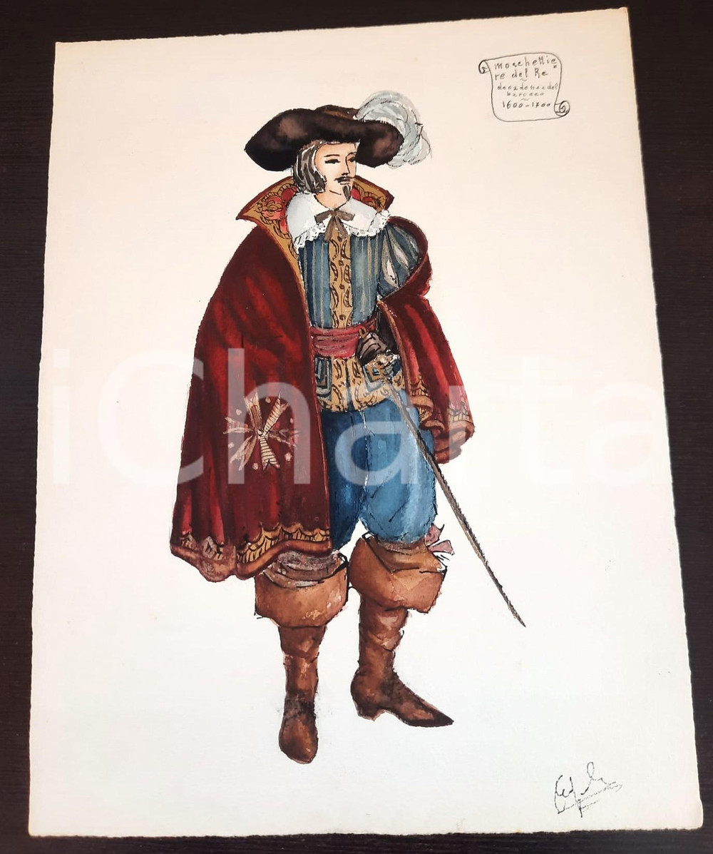 Stampa, bozzetto originale 1970 ca STORIA DELLA MODA Augusta FOI Bozzetto BAROCCO uomo moschettiere FIRMATO 1