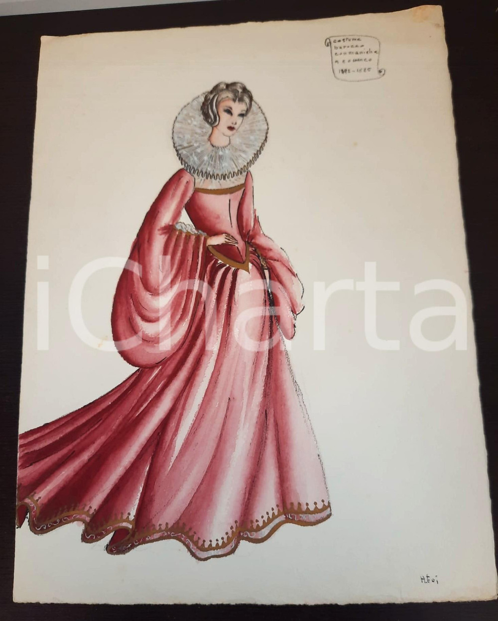 Stampa, bozzetto originale 1970 ca STORIA DELLA MODA Augusta FOI Bozzetto BAROCCO DONNA  FIRMATO 1