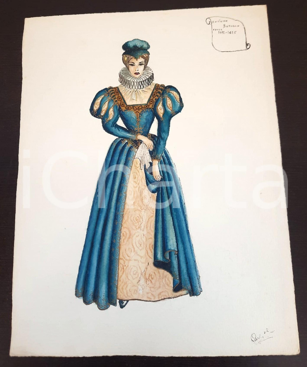 Stampa, bozzetto originale 1970 ca STORIA DELLA MODA Augusta FOI  Bozzetto BAROCCO DONNA  FIRMATO 1