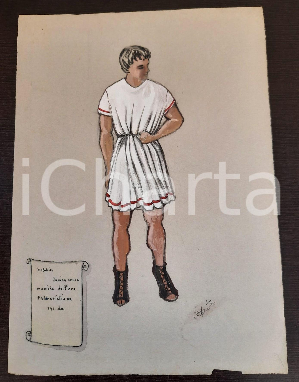 Stampa, bozzetto originale 1970 ca STORIA DELLA MODA Augusta FOI Bozzetto uomo era paleocristiana FIRMATO 1