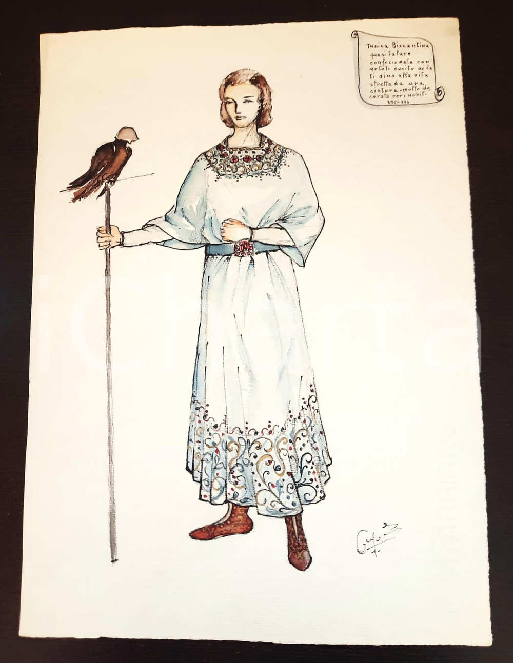 Stampa, bozzetto originale 1970 ca STORIA DELLA MODA Augusta FOI Bozzetto falconiere bizantino FIRMATO 1