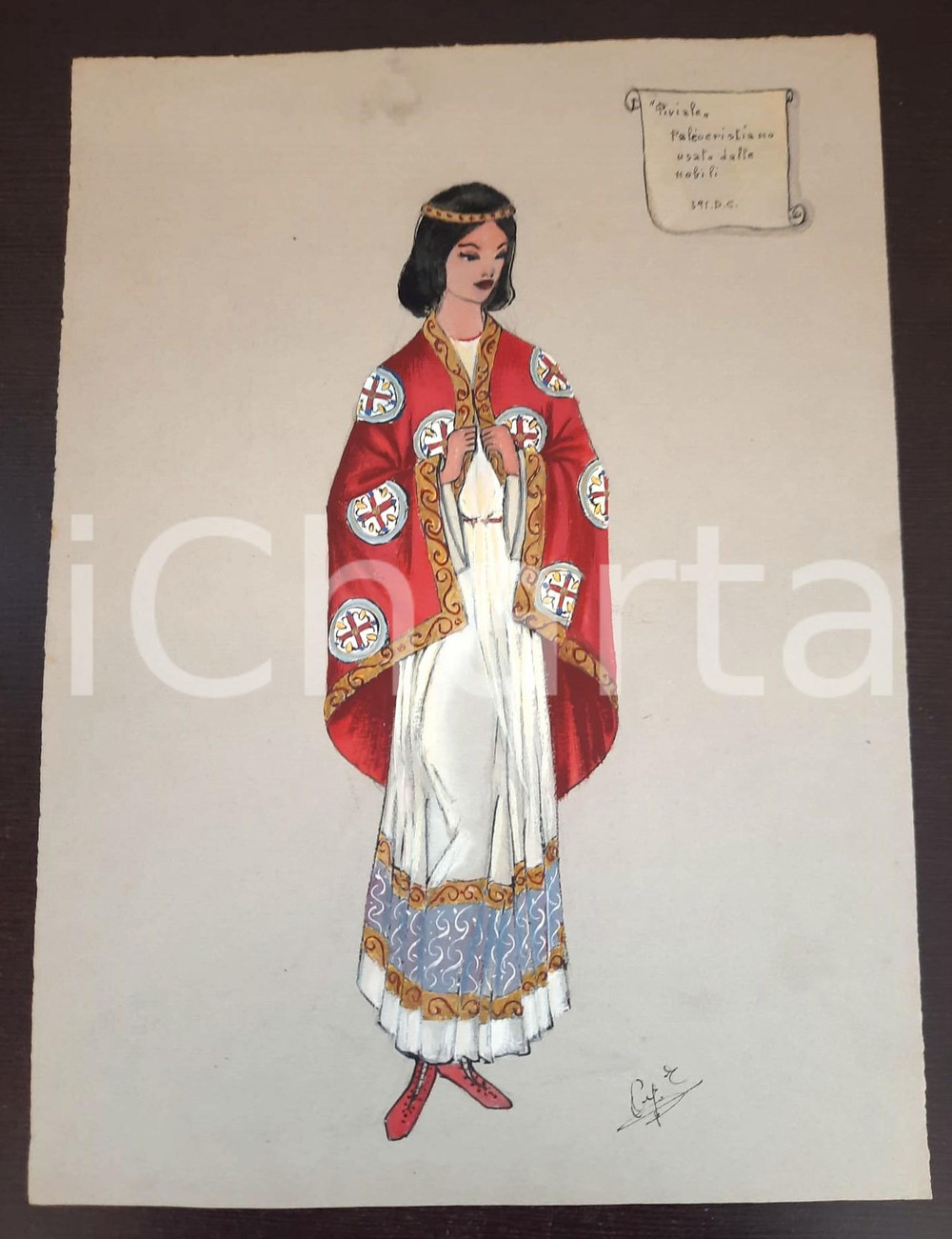 Stampa, bozzetto originale 1970 ca STORIA DELLA MODA Augusta FOI Bozzetto nobildonna paleocristiana FIRMATO 1