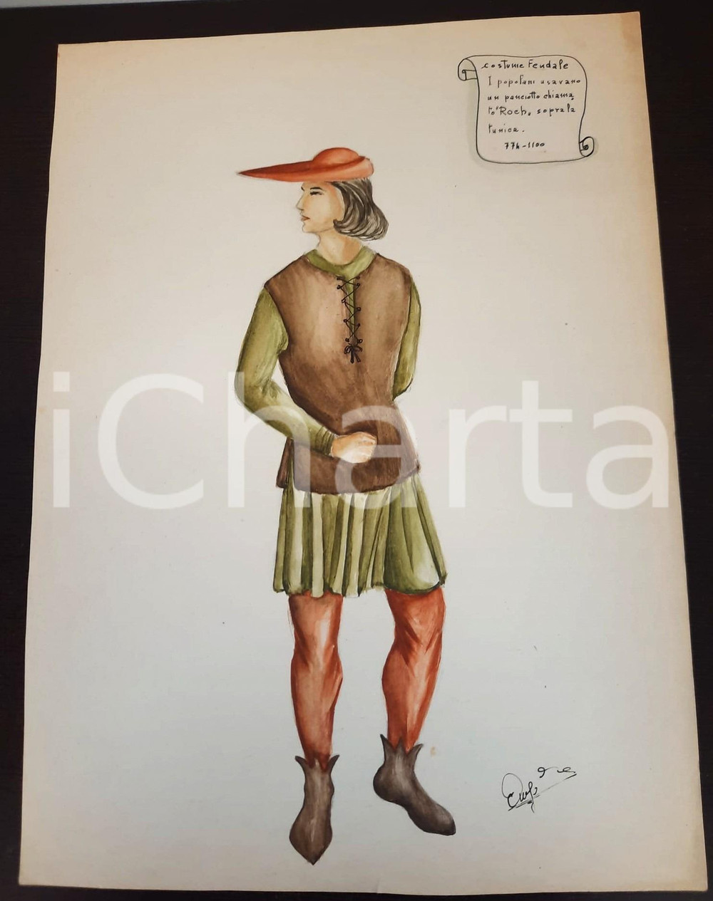Stampa, bozzetto originale 1970 ca STORIA DELLA MODA Augusta FOI  Bozzetto uomo era feudale FIRMATO 1