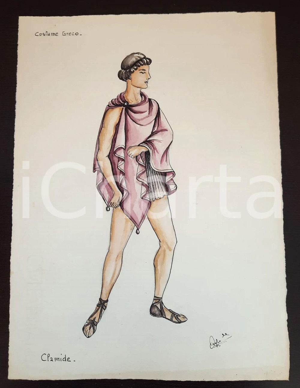 Stampa, bozzetto originale 1970 ca STORIA DELLA MODA Augusta FOI  Bozzetto uomo ANTICA GRECIA FIRMATO 1