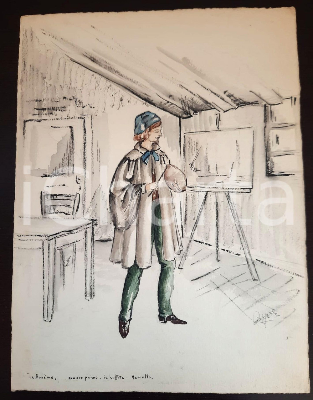 Stampa, bozzetto originale 1970 ca Augusta FOI  Bozzetto costumi opera La Bohème  Marcello Autografo 1