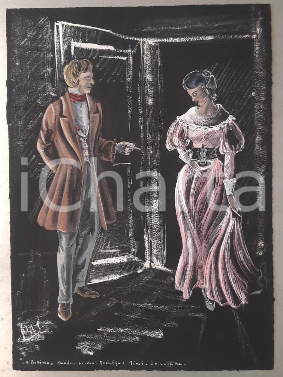Stampa, bozzetto originale 1970 ca Augusta FOI  Bozzetto costumi La Bohème  Rodolfo e Mimì Autografo 1