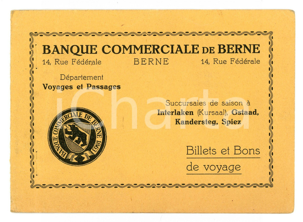 Documento originale, autentico 1930 ca BANQUE COMMERCIALE DE BERNE Voyages  Copertina senza tagliandi 1