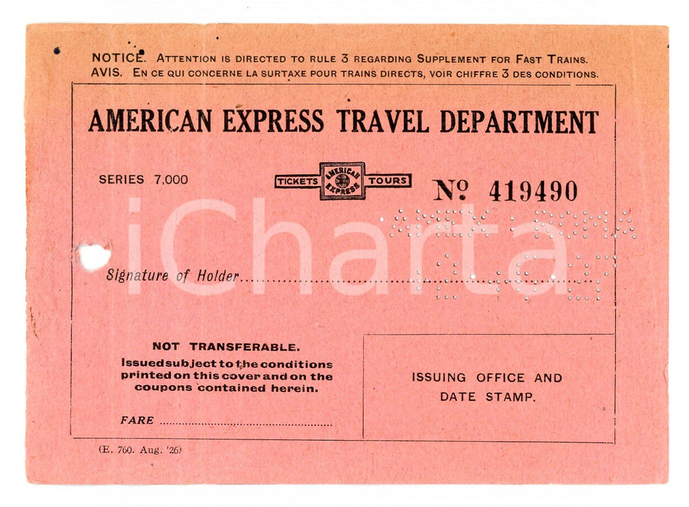 Documento originale, autentico 1926 AMEX American Express travel department  Copertina senza tagliandi 1