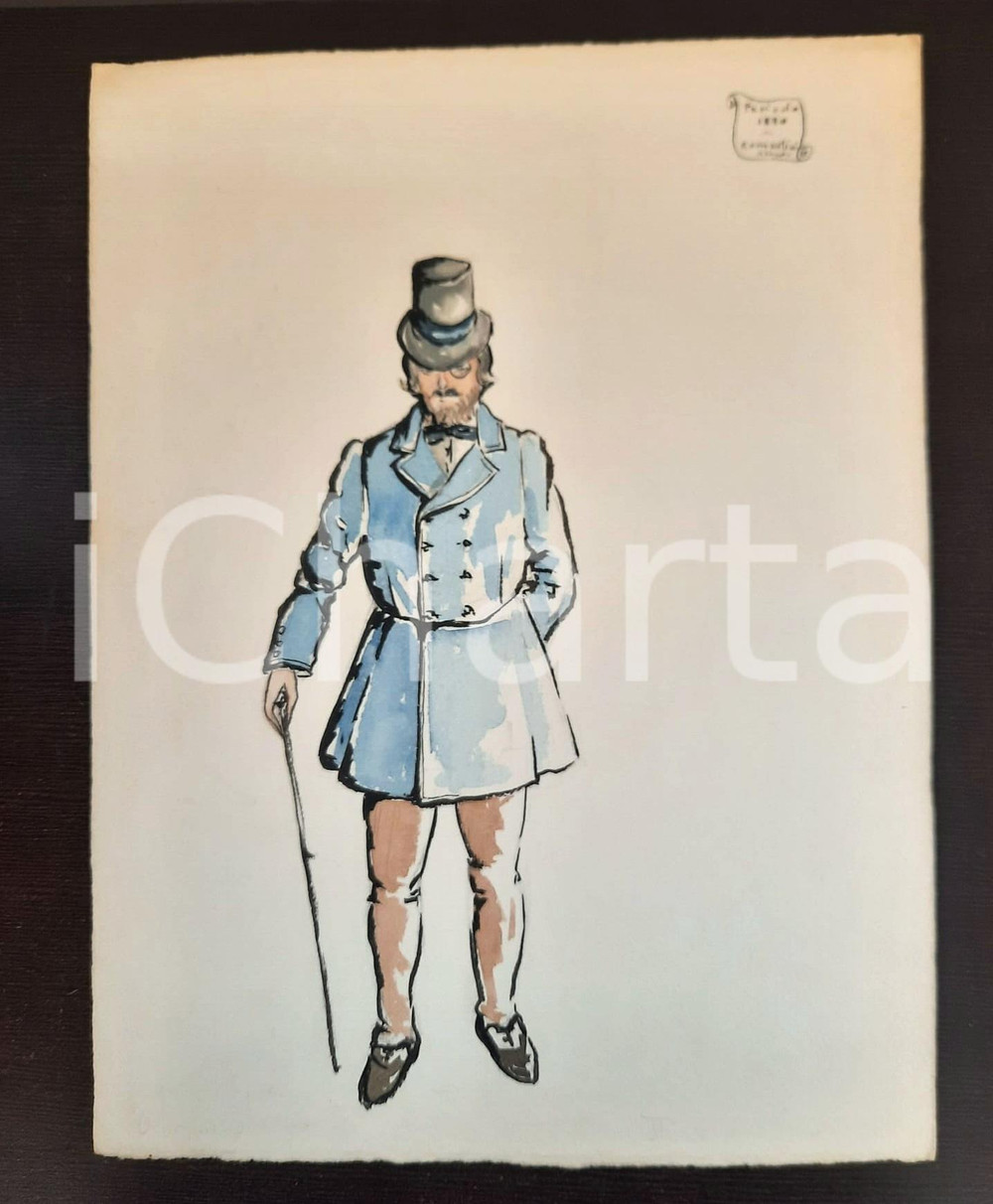 Stampa, bozzetto originale 1970 ca STORIA DELLA MODA Augusta FOI Bozzetto ROMANTICISMO uomo 1830 AUTOGRAFO 1