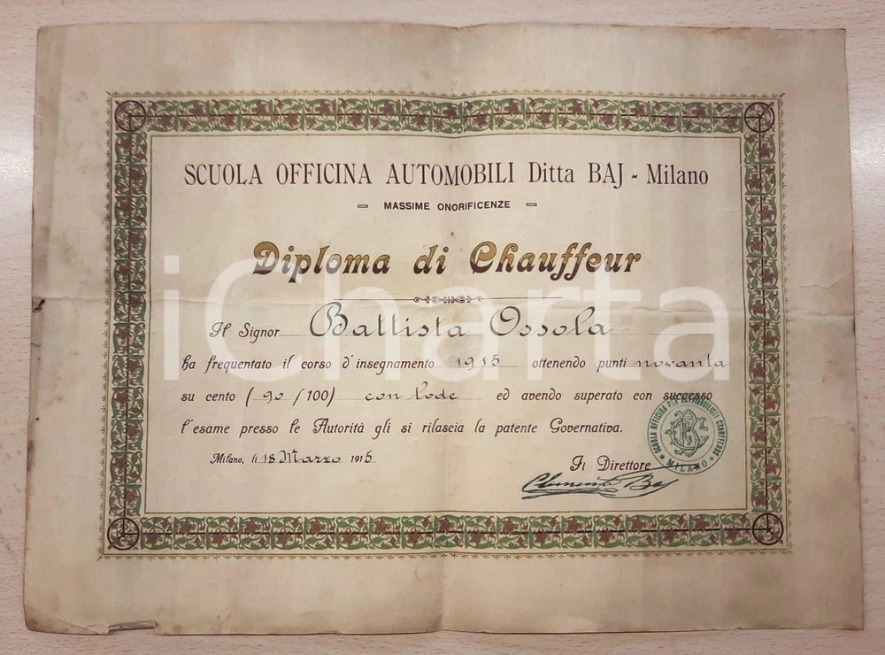 Oggetto da collezione cartaceo 1915 MILANO Scuola Officina Automobili Ditta BAJ  Diploma di chauffeur 1