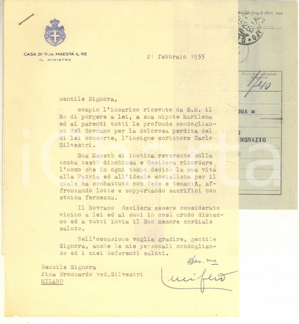 Autografo originale 1955 ROMA Lettera ministro Falcone LUCIFERO per condoglianze  Autografo 1