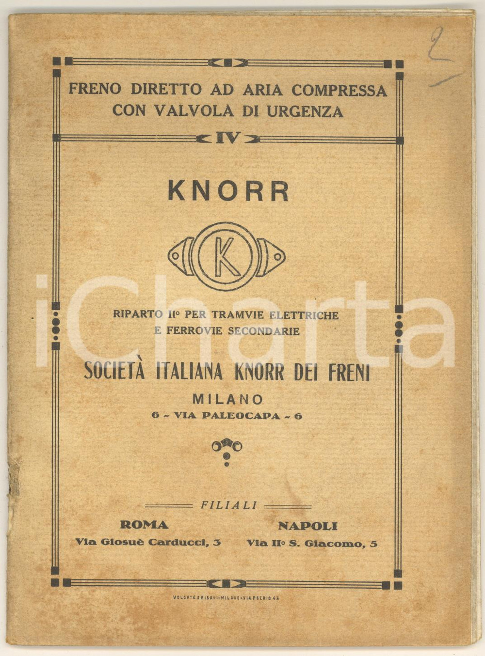 Libro, pubblicazione d epoca 1920 ca MILANO Società Italiana KNORR dei Freni  Freno diretto aria compressa 1