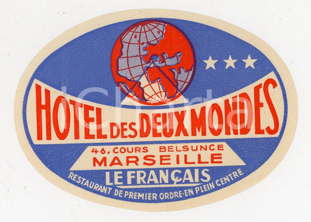 Materiale pubblicitario d’epoca 1955 ca MARSEILLE Hotel des deux Mondes  Restaurant LE FRANÇAIS Etichetta 1