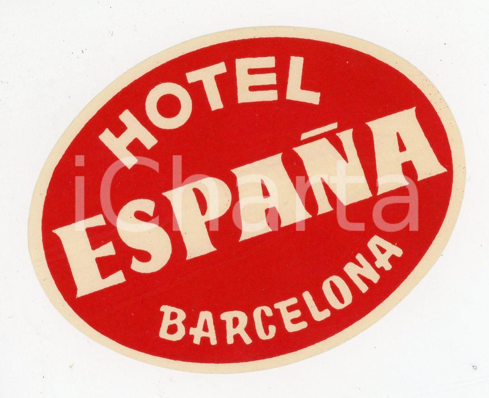 Materiale pubblicitario d’epoca 1955 ca BARCELONA Hotel España  Etichetta ILLUSTRATA 9x7 cm 1