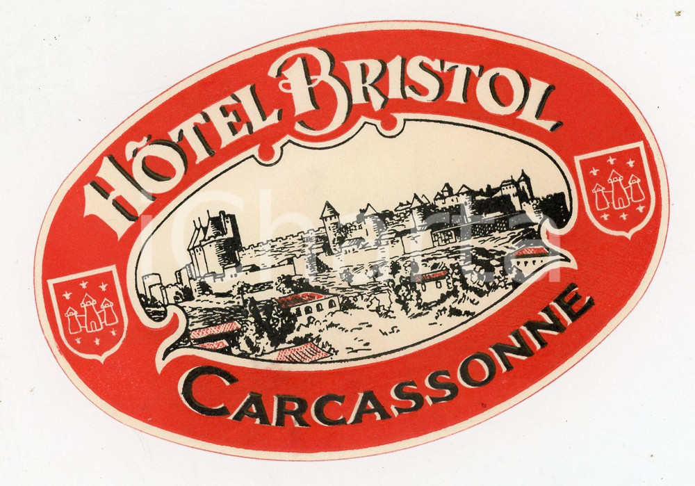Materiale pubblicitario d’epoca 1955 ca CARCASSONNE Hotel Bristol  Etichetta ILLUSTRATA 12x8 cm 1