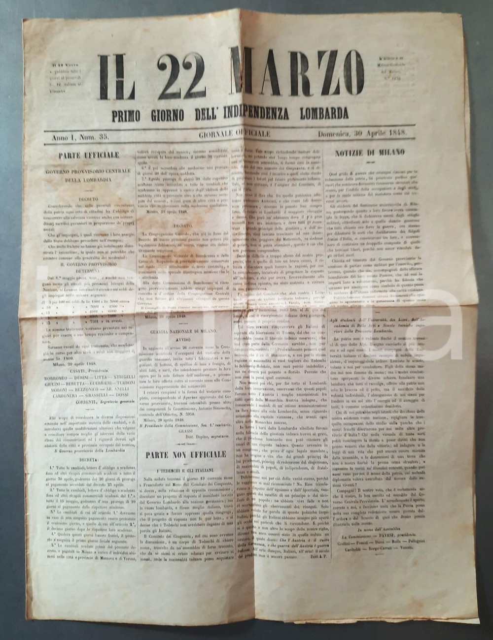 Giornale, rivista storica 1848 IL 22 MARZO Governo Provvisorio della Lombardia Giornale RISORGIMENTO 1