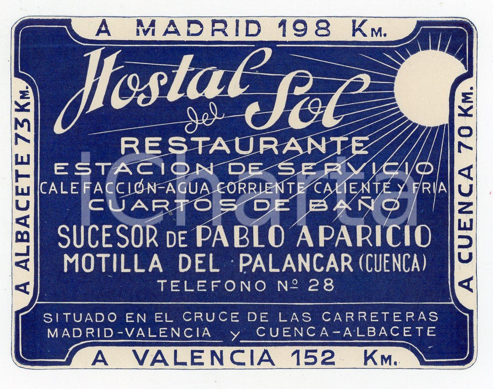 Materiale pubblicitario d’epoca 1955 ca MOTILLA DEL PALANCAR ESPAÑA Hostal del sol  Etichetta 11x8 cm 1