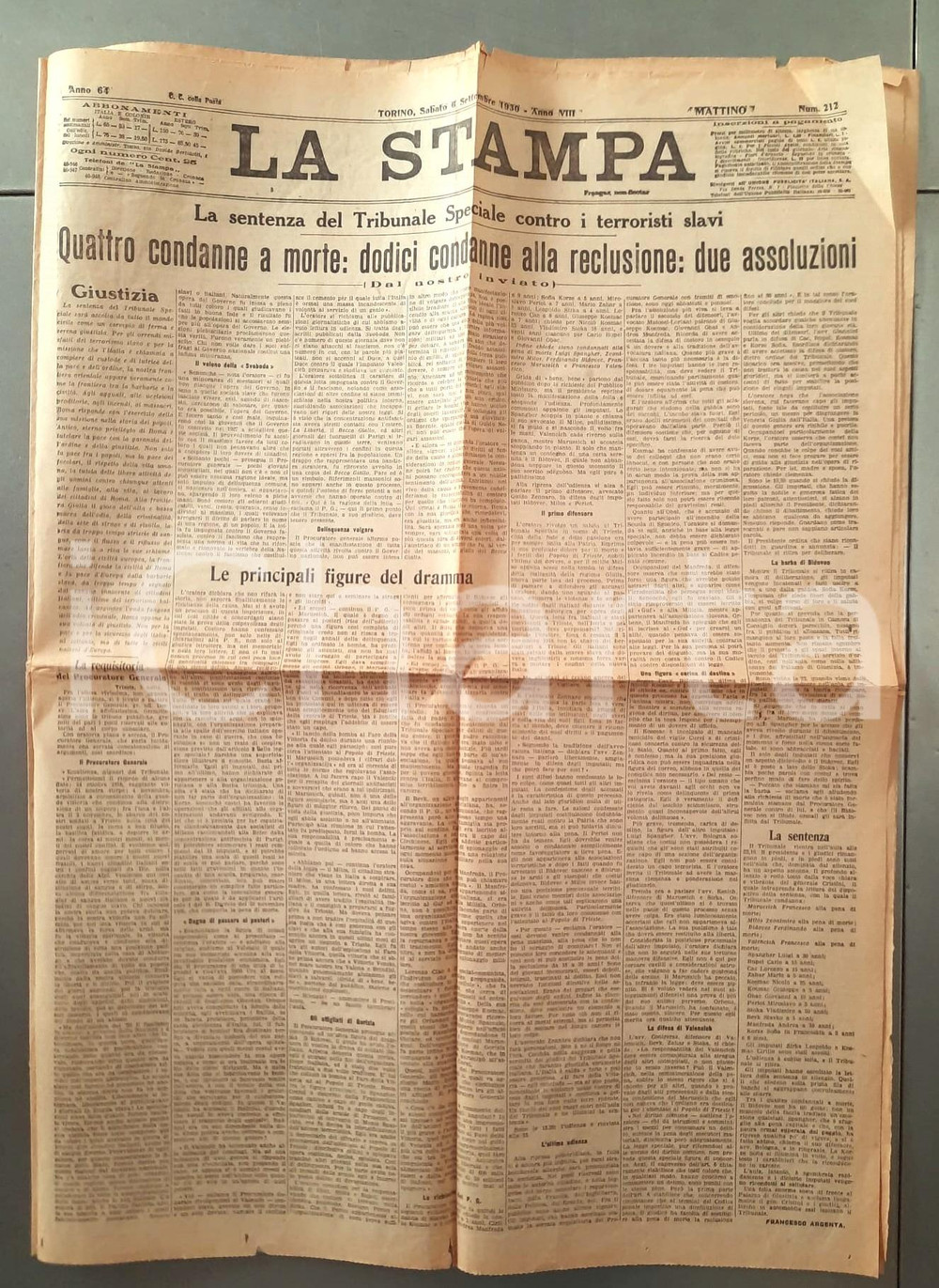 Giornale, rivista storica 1930 LA STAMPA Condanne a morte per i terroristi slavi del gruppo TIGR Giornale 1