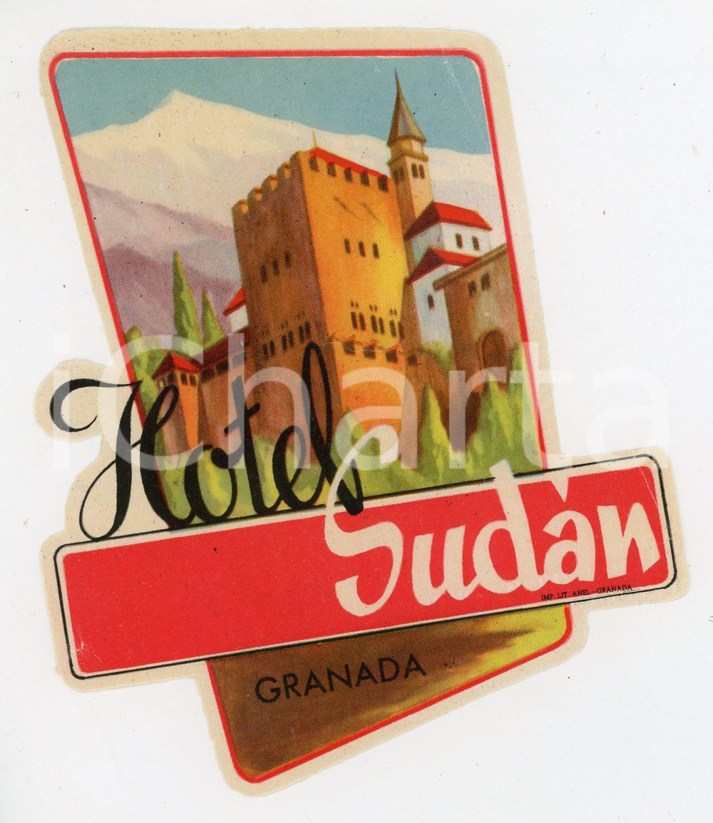Materiale pubblicitario d’epoca 1955 ca GRANADA Hotel Sudán  Etichetta ILLUSTRATA 13x10 cm 1