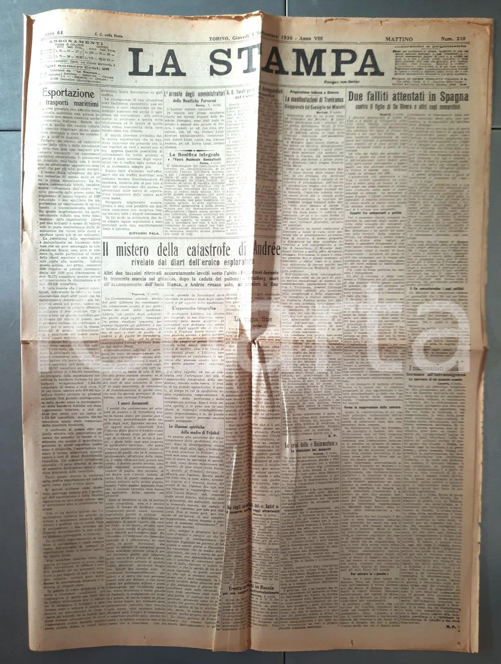Giornale, rivista storica 1930 LA STAMPA Ritrovamento diari dell esploratore Salomon Andrée Giornale 1