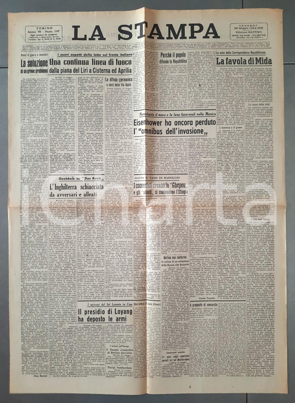 Giornale, rivista storica 1944 WW2 LA STAMPA Linea di fuoco dalla piana del Liri ad Aprilia Giornale 1