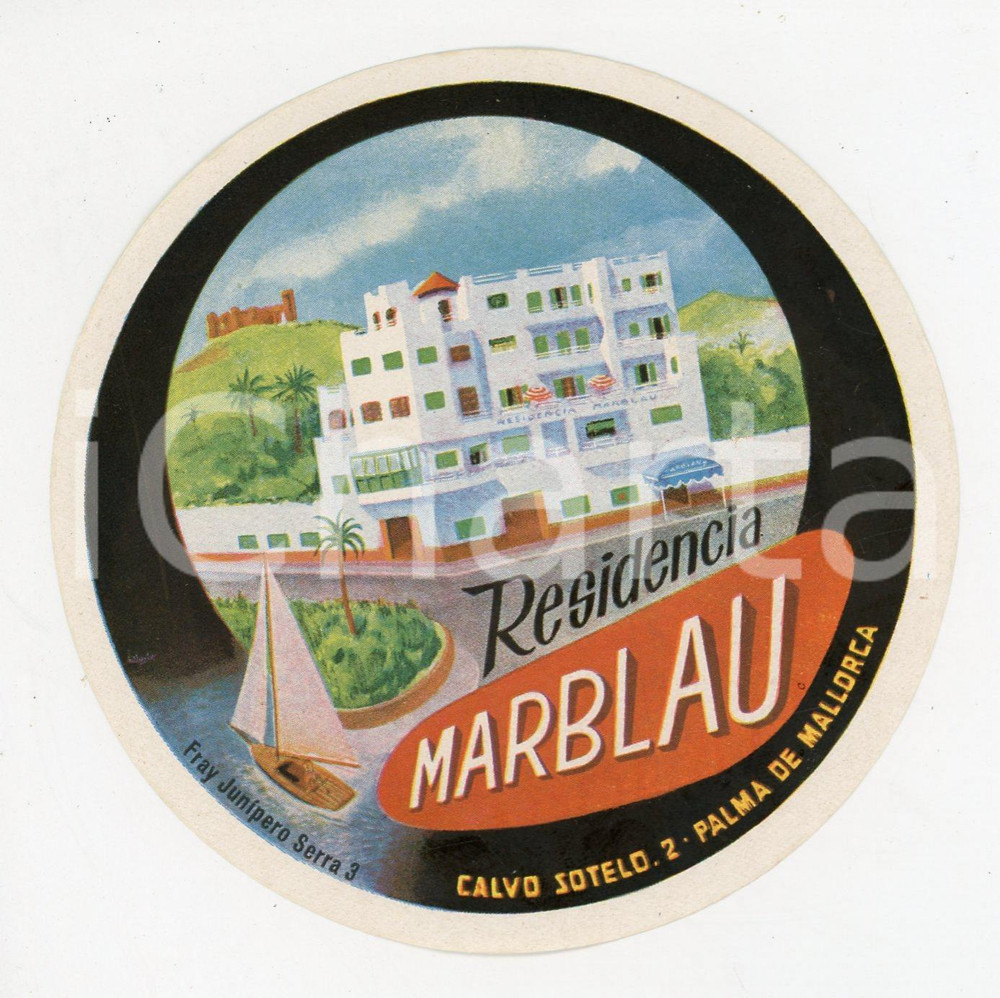 Materiale pubblicitario d’epoca 1955 ca PALMA DE MALLORCA Calvo Sotelo 2 RESIDENCIA MARBLAU Etichetta 10x10 cm 1