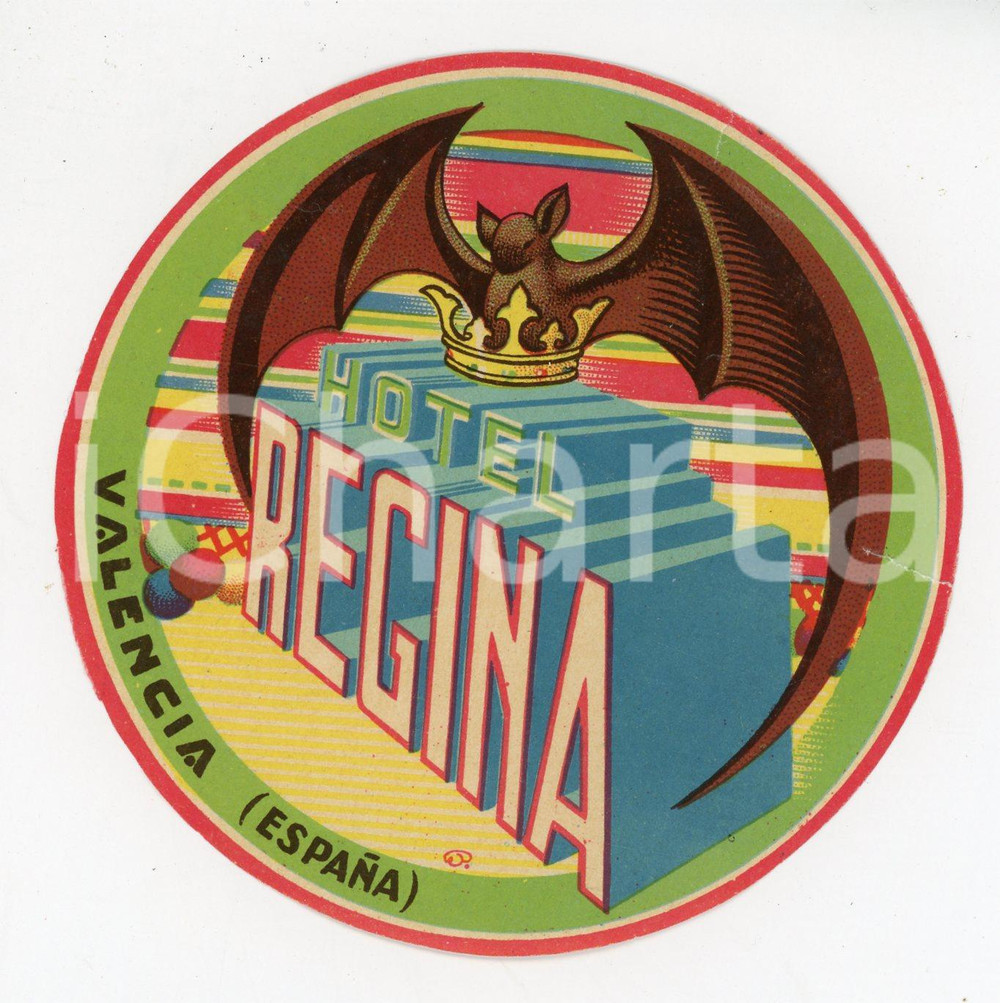 Materiale pubblicitario d’epoca 1955 ca VALENCIA Hotel Regina  Etichetta ILLUSTRATA 10x10 cm 1
