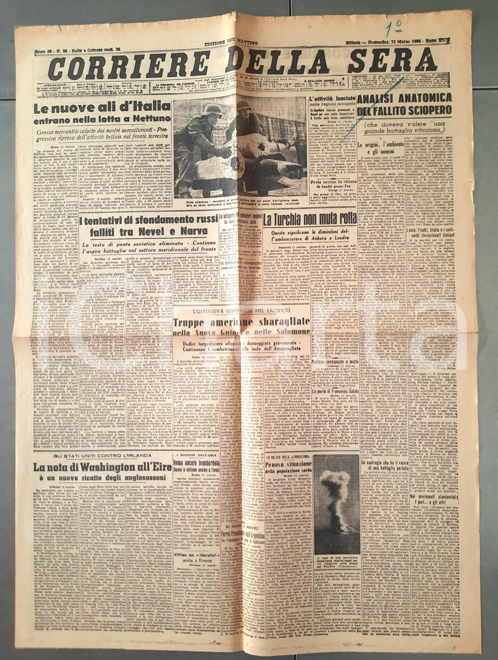 Giornale, rivista storica 1944 WW2 CORRIERE DELLA SERA Aerosiluranti sul fronte di Nettuno Giornale 1