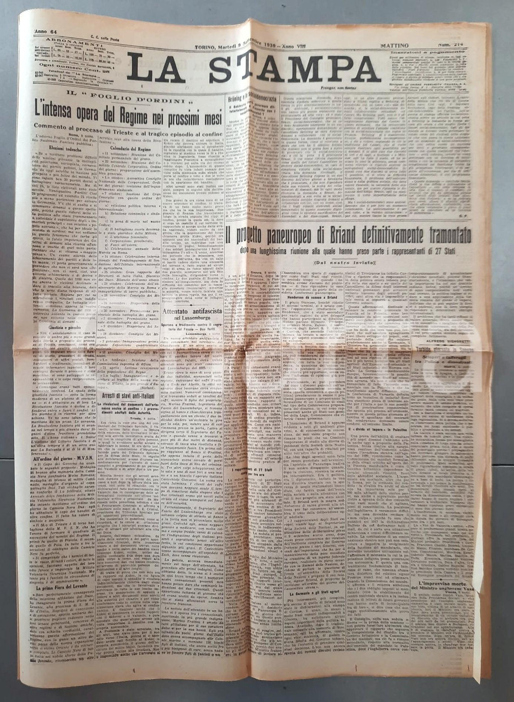 Giornale, rivista storica 1930 LA STAMPA Fallimento piano BRIAND per unione federale europea Giornale 1
