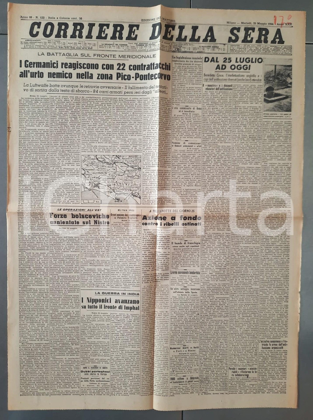 Giornale, rivista storica 1944 WW2 CORRIERE DELLA SERA Reazione tedesca in zona PICOPONTECORVO Giornale 1