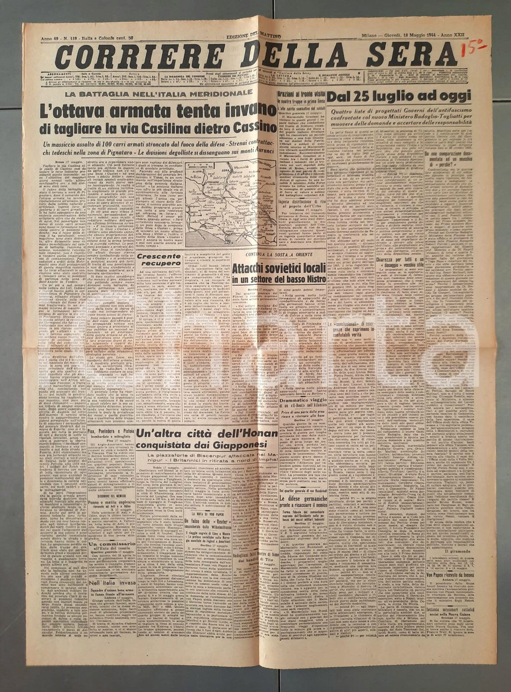 Giornale, rivista storica 1944 WW2 CORRIERE DELLA SERA Assalto sulla via Casilina in zona CASSINO Giornale 1