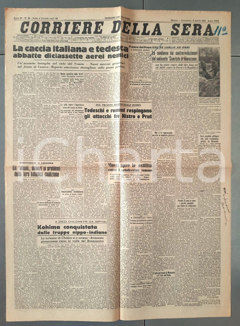 Giornale, rivista storica 1944 WW2 CORRIERE DELLA SERA Abbattuti 17 aerei alleati in Veneto Giornale 1