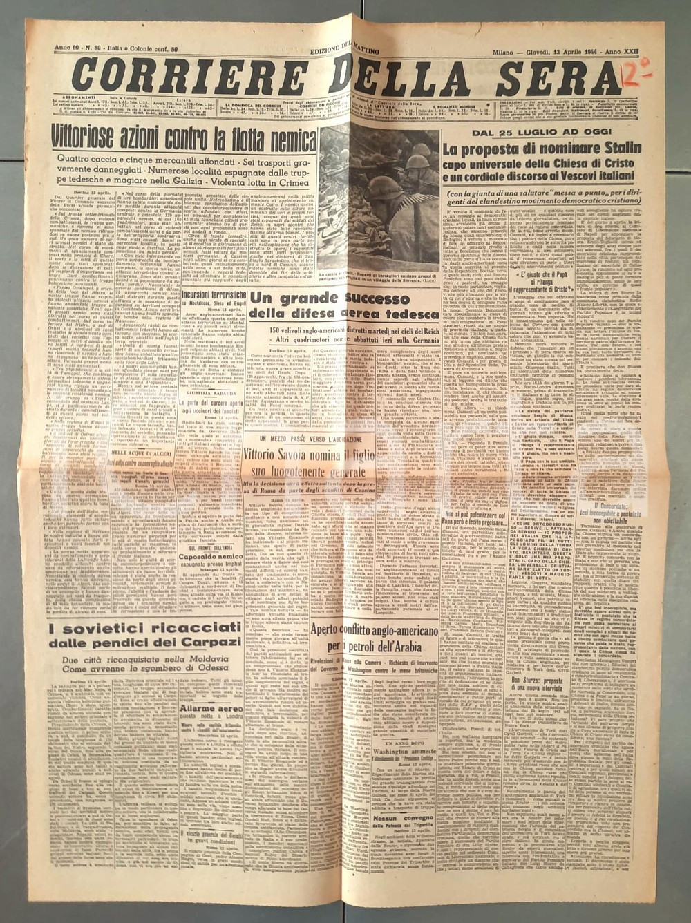 Giornale, rivista storica 1944 CORRIERE DELLA SERA Proposta nomina di Stalin capo della Chiesa Giornale 1