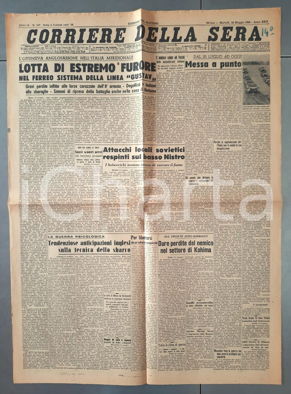 Giornale, rivista storica 1944 WW2 CORRIERE DELLA SERA Offensiva anglosassone sulla linea Gustav Giornale 1