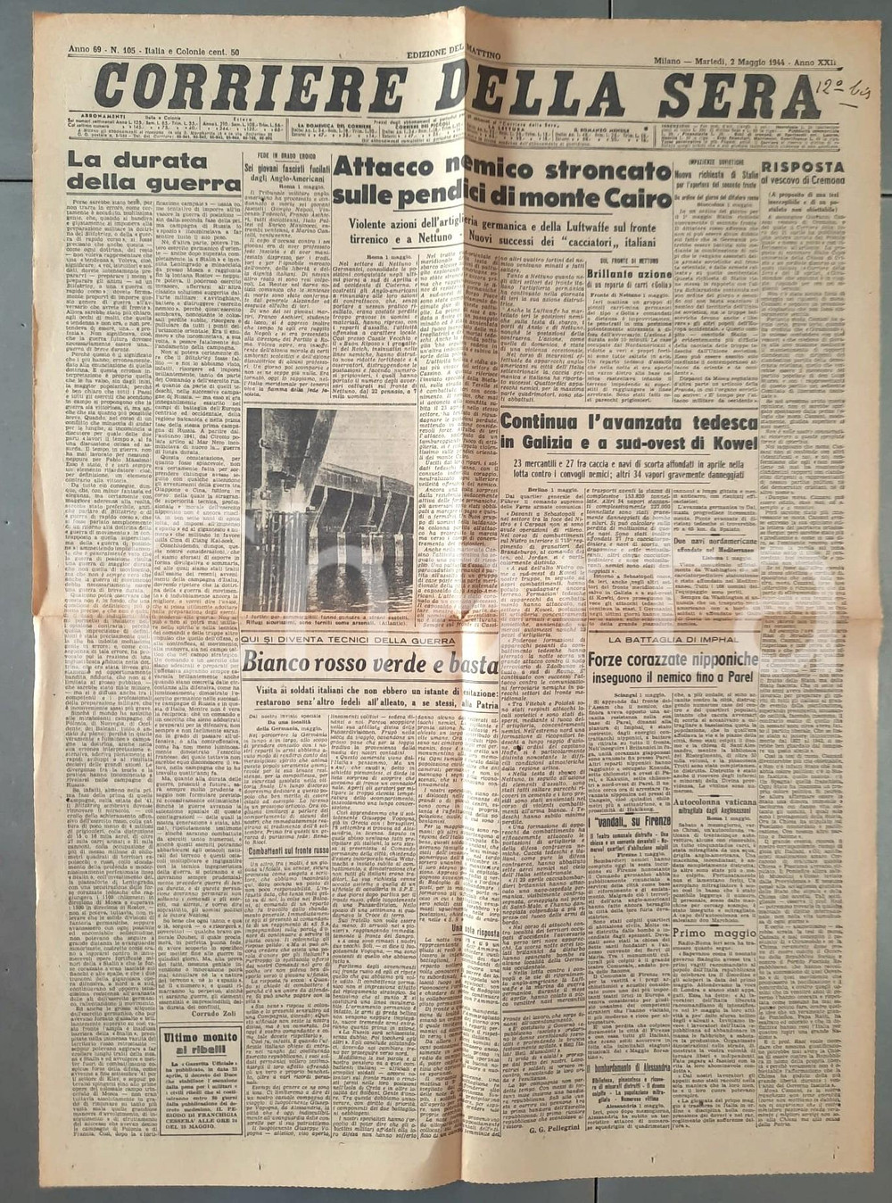 Giornale, rivista storica 1944 WW2 CORRIERE DELLA SERA Attacco alleato sul monte Cairo Giornale 1