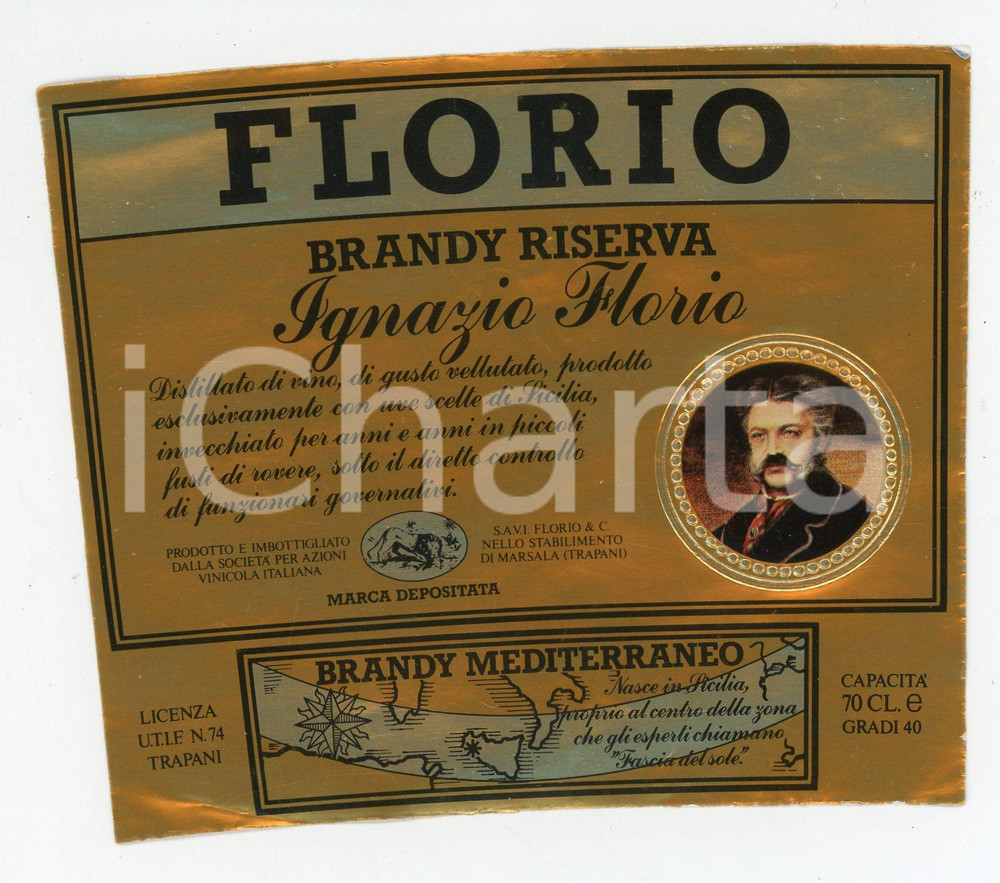 Materiale pubblicitario d’epoca 1970 ca FLORIO Brandy riserva Ignazio FLORIO Etichetta ILLUSTRATA 12x18 cm 1
