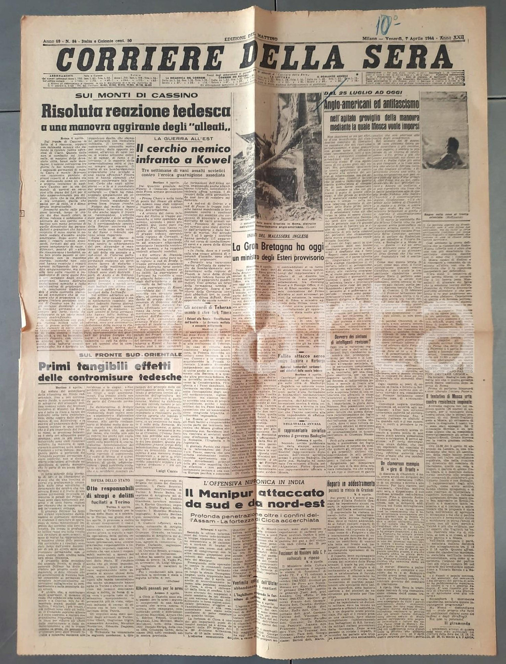 Giornale, rivista storica 1944 WW2 CORRIERE DELLA SERA Reazione tedesca sui monti di Cassino Giornale 1